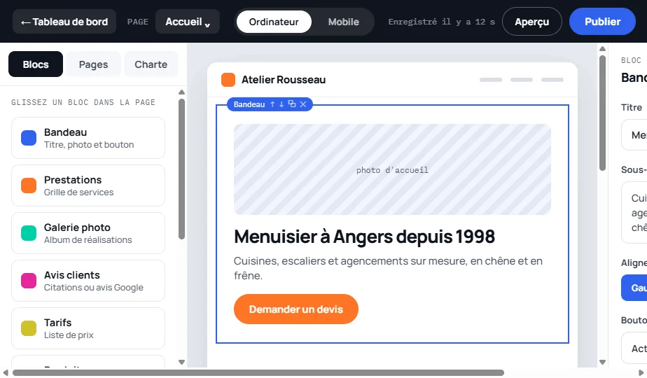 Éditeur Devantio : glisser-déposer des blocs, édition en direct et publication